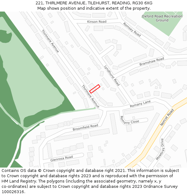221, THIRLMERE AVENUE, TILEHURST, READING, RG30 6XG: Location map and indicative extent of plot