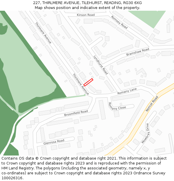 227, THIRLMERE AVENUE, TILEHURST, READING, RG30 6XG: Location map and indicative extent of plot