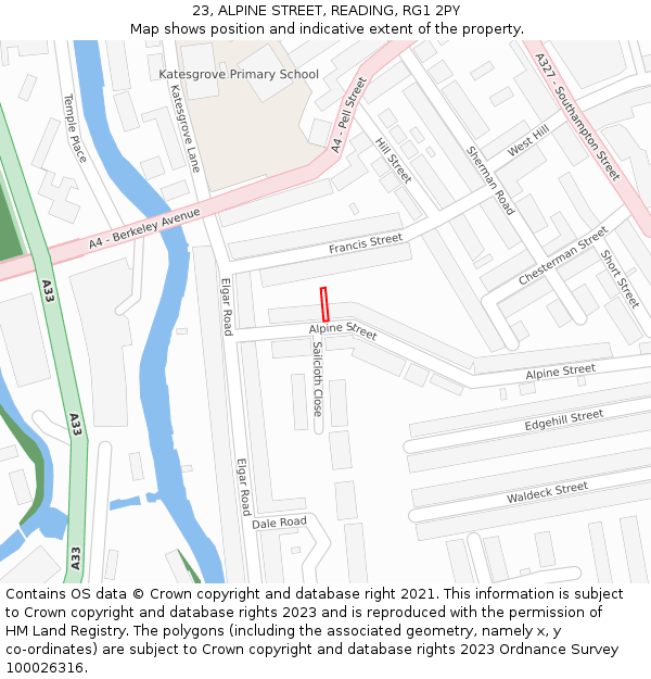 23, ALPINE STREET, READING, RG1 2PY: Location map and indicative extent of plot