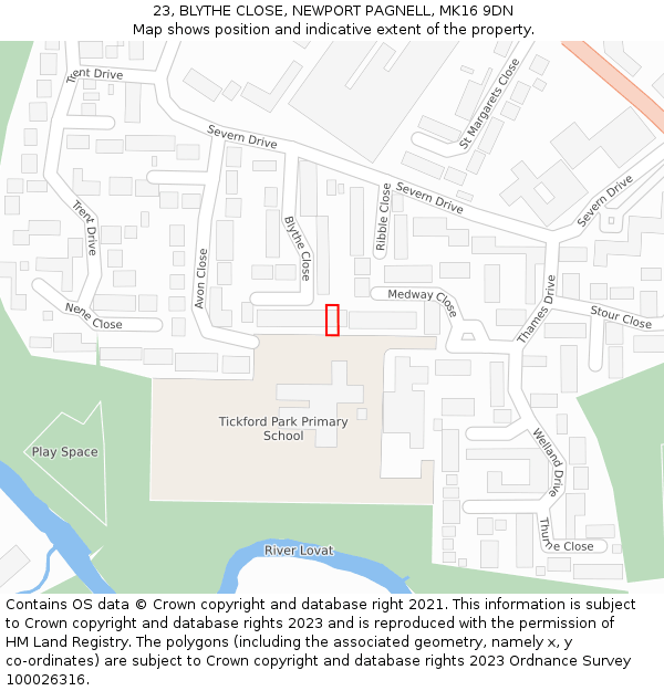 23, BLYTHE CLOSE, NEWPORT PAGNELL, MK16 9DN: Location map and indicative extent of plot
