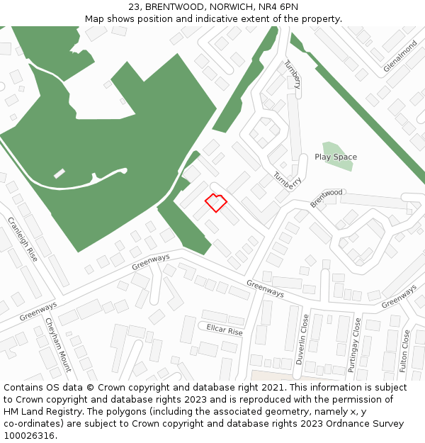 23, BRENTWOOD, NORWICH, NR4 6PN: Location map and indicative extent of plot
