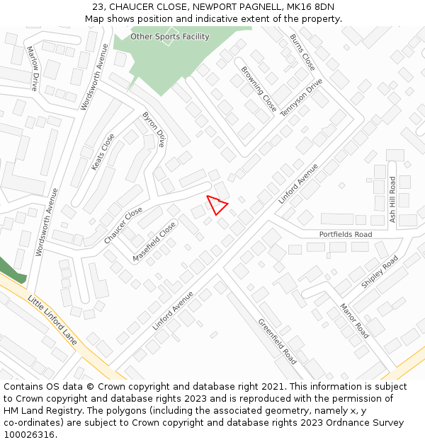 23, CHAUCER CLOSE, NEWPORT PAGNELL, MK16 8DN: Location map and indicative extent of plot