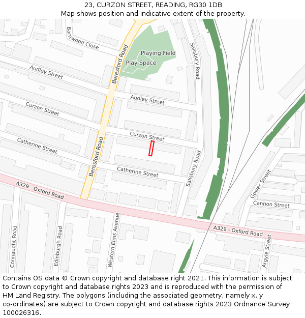 23, CURZON STREET, READING, RG30 1DB: Location map and indicative extent of plot