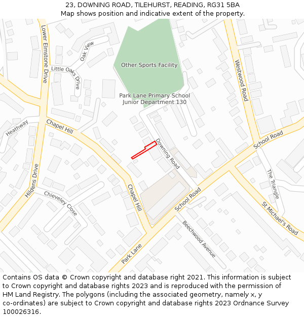 23, DOWNING ROAD, TILEHURST, READING, RG31 5BA: Location map and indicative extent of plot