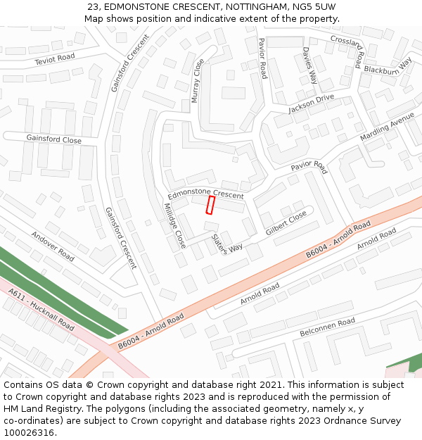 23, EDMONSTONE CRESCENT, NOTTINGHAM, NG5 5UW: Location map and indicative extent of plot