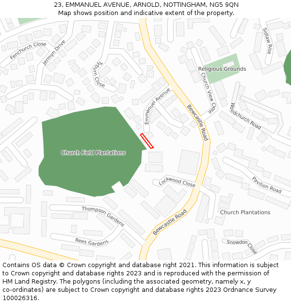 23, EMMANUEL AVENUE, ARNOLD, NOTTINGHAM, NG5 9QN: Location map and indicative extent of plot
