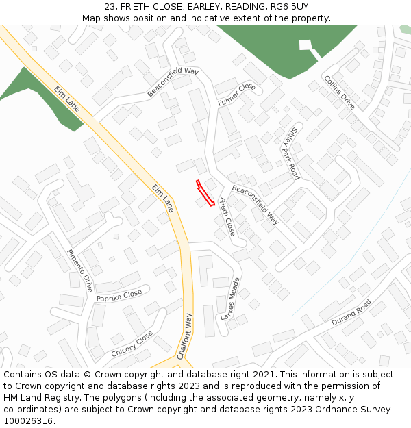 23, FRIETH CLOSE, EARLEY, READING, RG6 5UY: Location map and indicative extent of plot