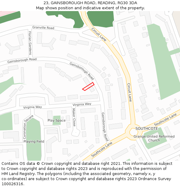 23, GAINSBOROUGH ROAD, READING, RG30 3DA: Location map and indicative extent of plot