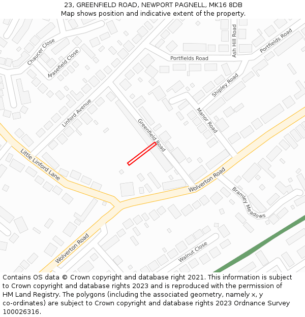23, GREENFIELD ROAD, NEWPORT PAGNELL, MK16 8DB: Location map and indicative extent of plot