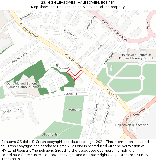 23, HIGH LEASOWES, HALESOWEN, B63 4BN: Location map and indicative extent of plot