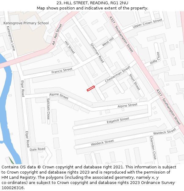 23, HILL STREET, READING, RG1 2NU: Location map and indicative extent of plot