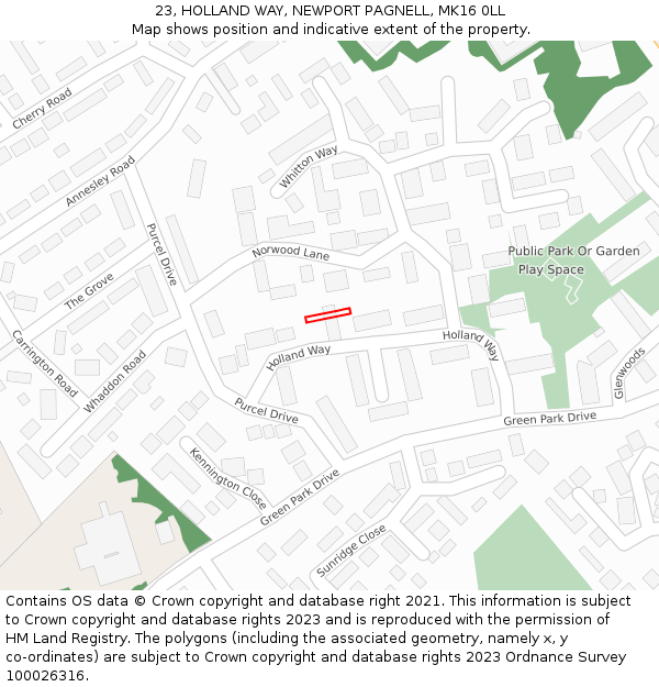 23, HOLLAND WAY, NEWPORT PAGNELL, MK16 0LL: Location map and indicative extent of plot