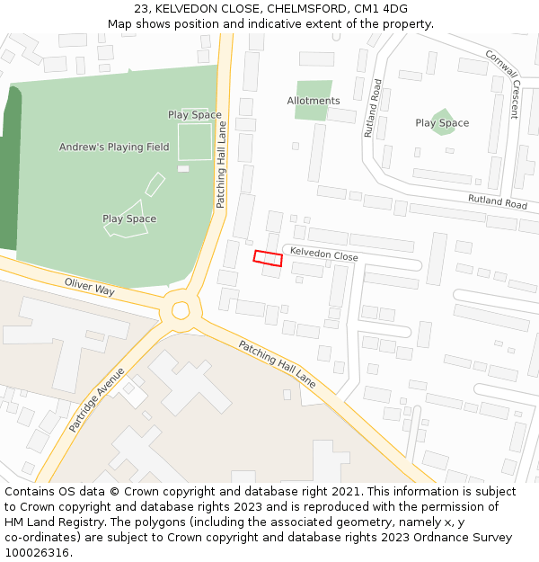 23, KELVEDON CLOSE, CHELMSFORD, CM1 4DG: Location map and indicative extent of plot