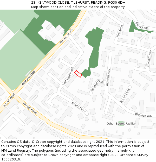 23, KENTWOOD CLOSE, TILEHURST, READING, RG30 6DH: Location map and indicative extent of plot