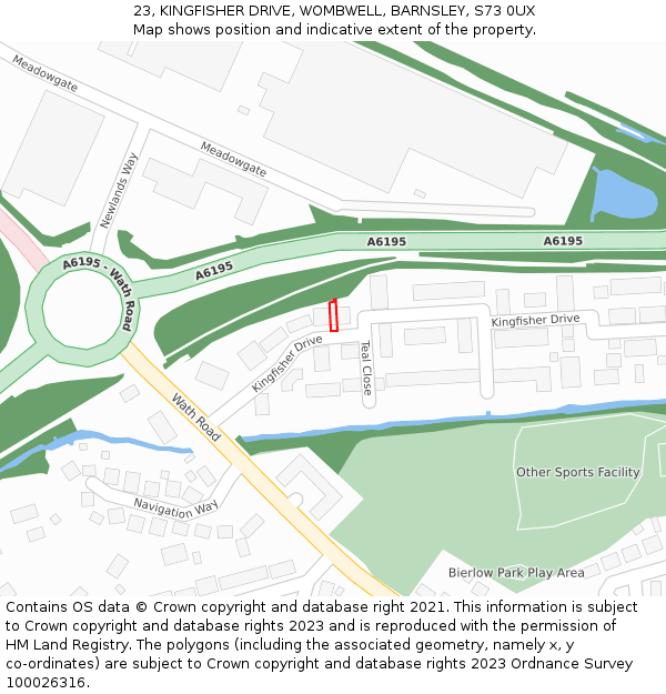 23, KINGFISHER DRIVE, WOMBWELL, BARNSLEY, S73 0UX: Location map and indicative extent of plot