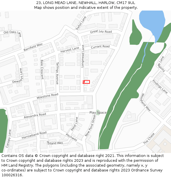 23, LONG MEAD LANE, NEWHALL, HARLOW, CM17 9UL: Location map and indicative extent of plot