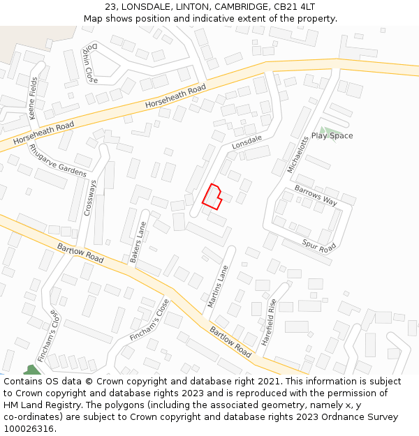 23, LONSDALE, LINTON, CAMBRIDGE, CB21 4LT: Location map and indicative extent of plot
