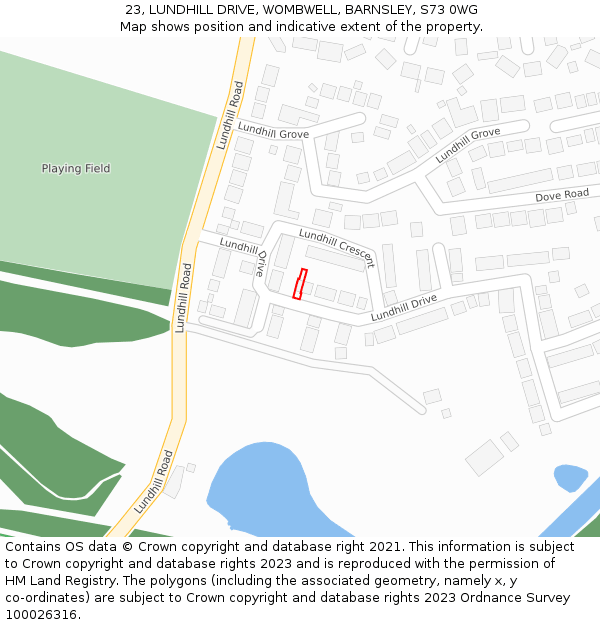 23, LUNDHILL DRIVE, WOMBWELL, BARNSLEY, S73 0WG: Location map and indicative extent of plot