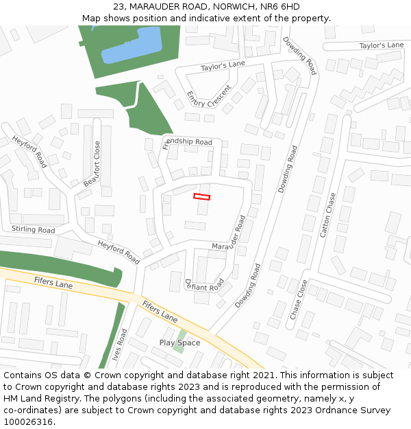 23, MARAUDER ROAD, NORWICH, NR6 6HD: Location map and indicative extent of plot