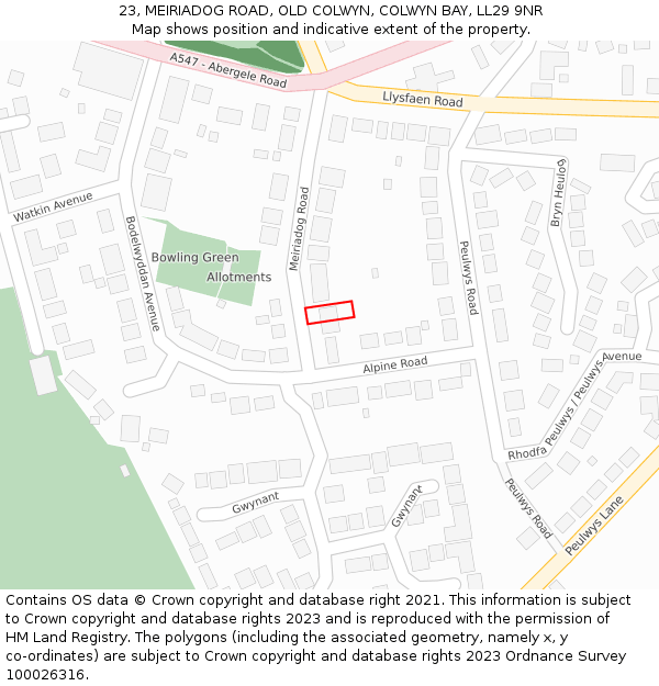 23, MEIRIADOG ROAD, OLD COLWYN, COLWYN BAY, LL29 9NR: Location map and indicative extent of plot