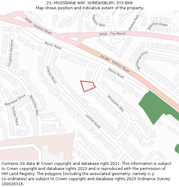 23, MOSSBANK WAY, SHREWSBURY, SY3 8XW: Location map and indicative extent of plot