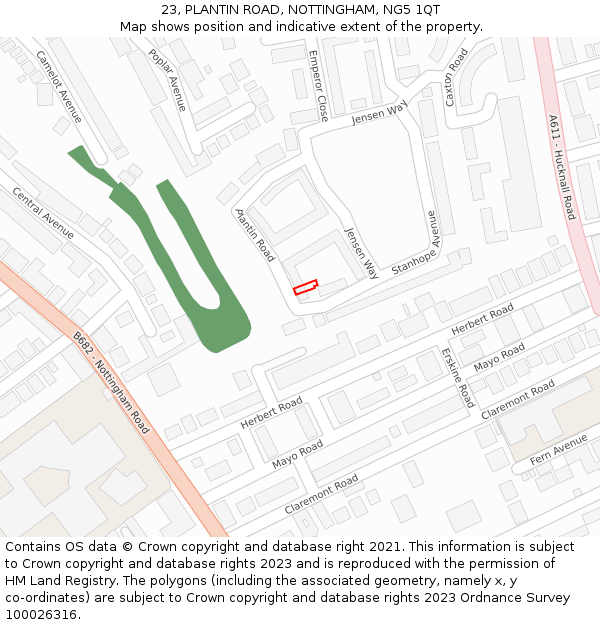 23, PLANTIN ROAD, NOTTINGHAM, NG5 1QT: Location map and indicative extent of plot