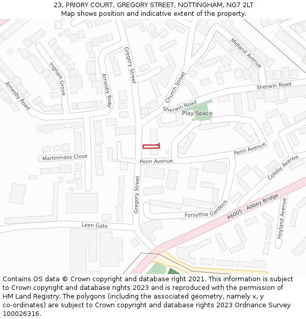 23, PRIORY COURT, GREGORY STREET, NOTTINGHAM, NG7 2LT: Location map and indicative extent of plot