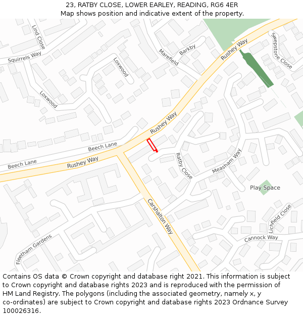 23, RATBY CLOSE, LOWER EARLEY, READING, RG6 4ER: Location map and indicative extent of plot