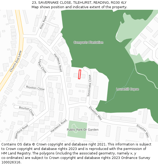 23, SAVERNAKE CLOSE, TILEHURST, READING, RG30 4LY: Location map and indicative extent of plot