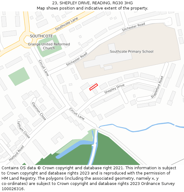 23, SHEPLEY DRIVE, READING, RG30 3HG: Location map and indicative extent of plot