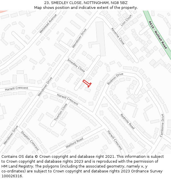23, SMEDLEY CLOSE, NOTTINGHAM, NG8 5BZ: Location map and indicative extent of plot