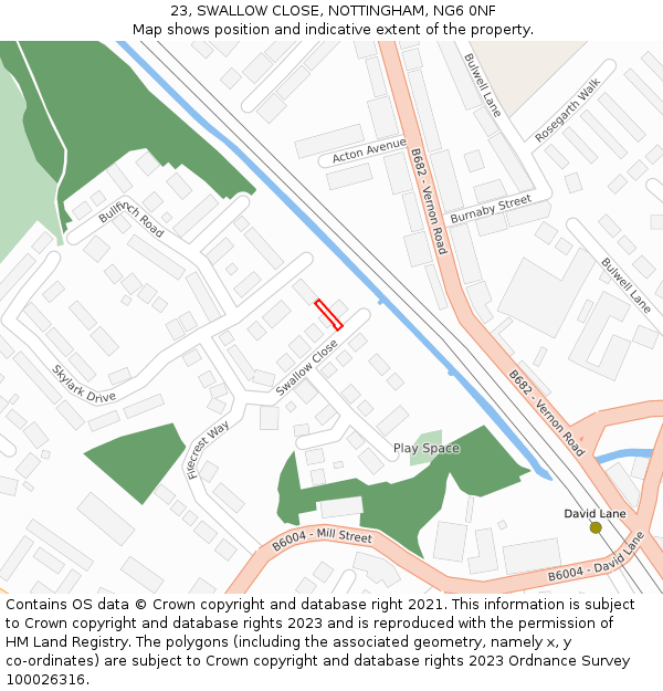23, SWALLOW CLOSE, NOTTINGHAM, NG6 0NF: Location map and indicative extent of plot