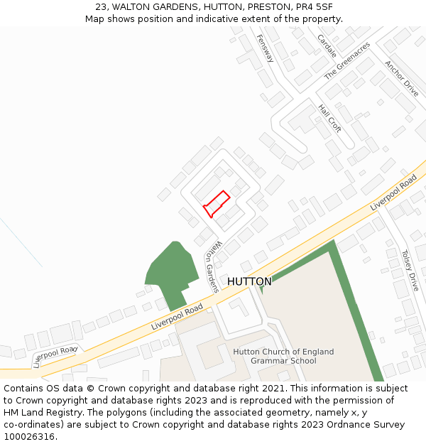 23, WALTON GARDENS, HUTTON, PRESTON, PR4 5SF: Location map and indicative extent of plot