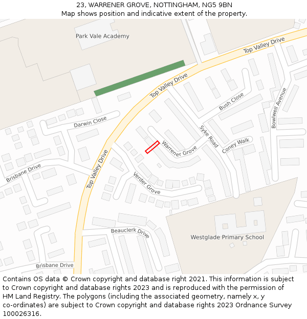 23, WARRENER GROVE, NOTTINGHAM, NG5 9BN: Location map and indicative extent of plot
