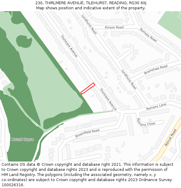 230, THIRLMERE AVENUE, TILEHURST, READING, RG30 6XJ: Location map and indicative extent of plot