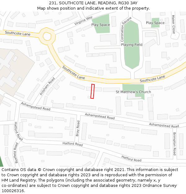 231, SOUTHCOTE LANE, READING, RG30 3AY: Location map and indicative extent of plot