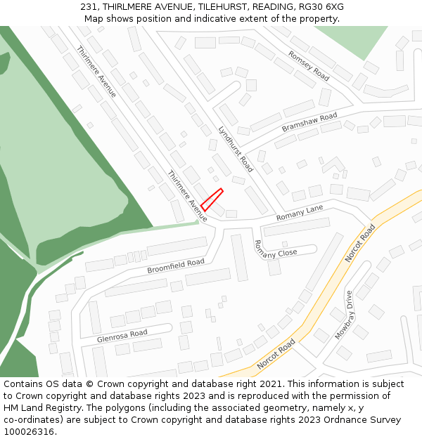 231, THIRLMERE AVENUE, TILEHURST, READING, RG30 6XG: Location map and indicative extent of plot