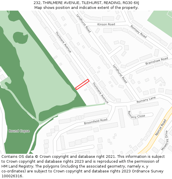 232, THIRLMERE AVENUE, TILEHURST, READING, RG30 6XJ: Location map and indicative extent of plot