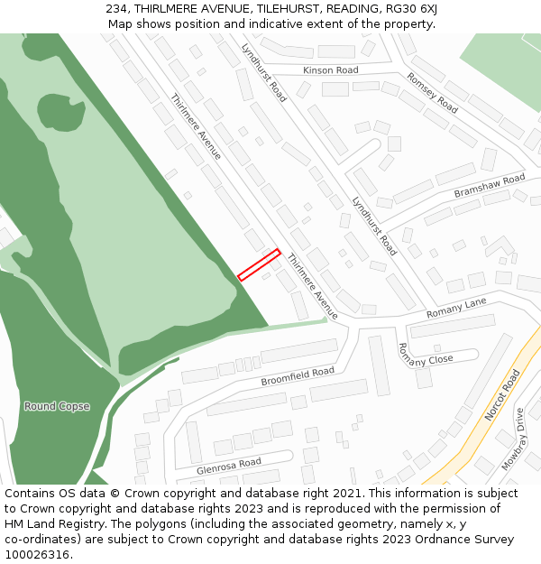 234, THIRLMERE AVENUE, TILEHURST, READING, RG30 6XJ: Location map and indicative extent of plot