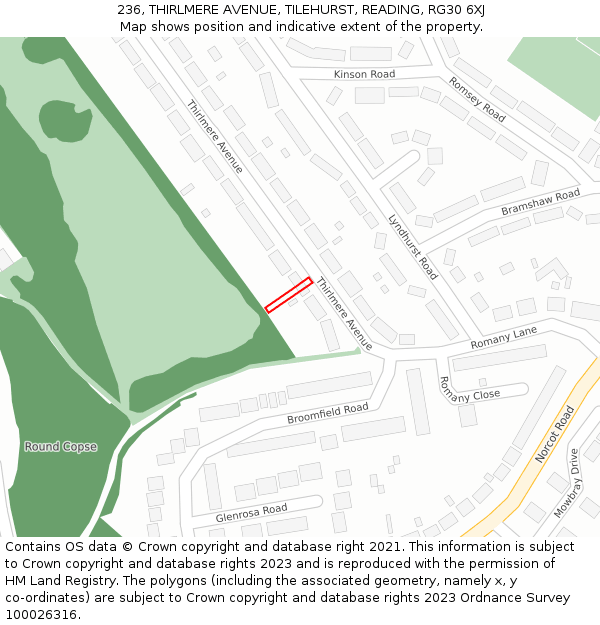 236, THIRLMERE AVENUE, TILEHURST, READING, RG30 6XJ: Location map and indicative extent of plot