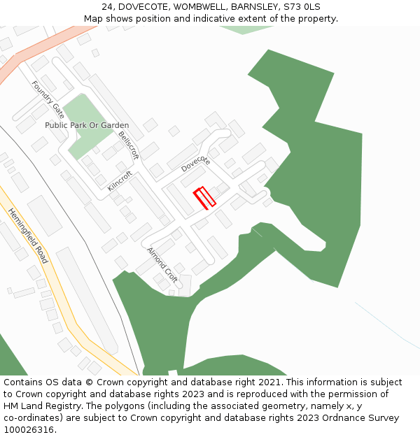 24, DOVECOTE, WOMBWELL, BARNSLEY, S73 0LS: Location map and indicative extent of plot