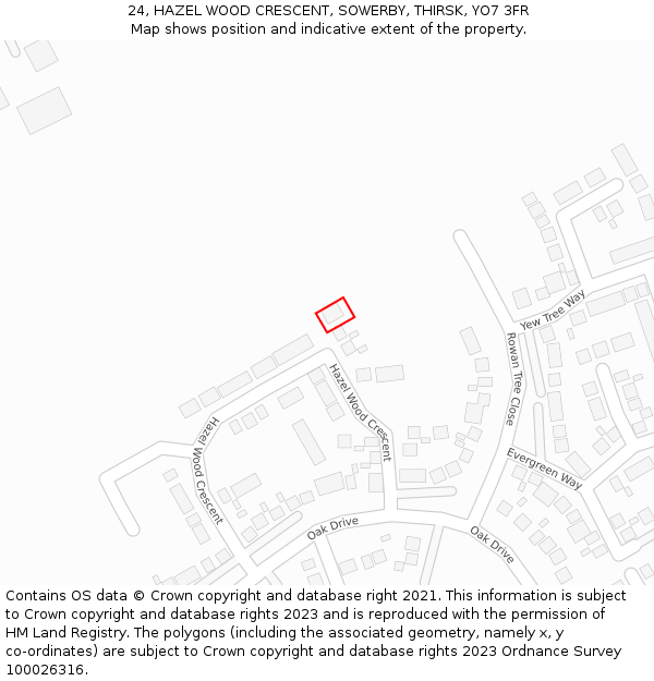 24, HAZEL WOOD CRESCENT, SOWERBY, THIRSK, YO7 3FR: Location map and indicative extent of plot