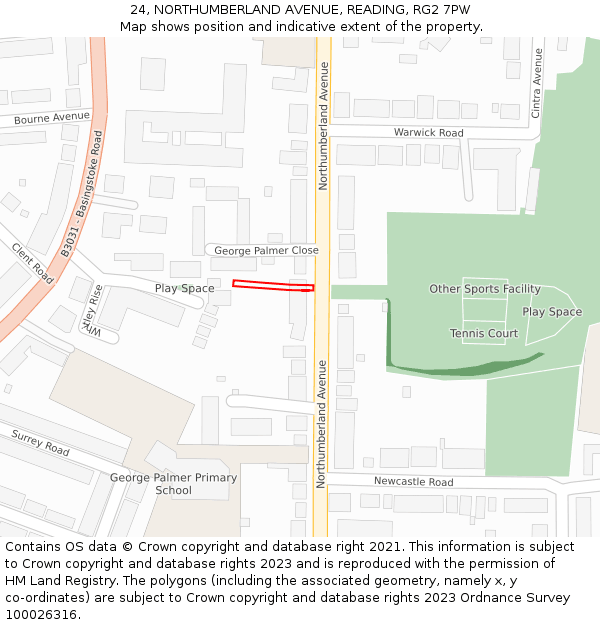 24, NORTHUMBERLAND AVENUE, READING, RG2 7PW: Location map and indicative extent of plot