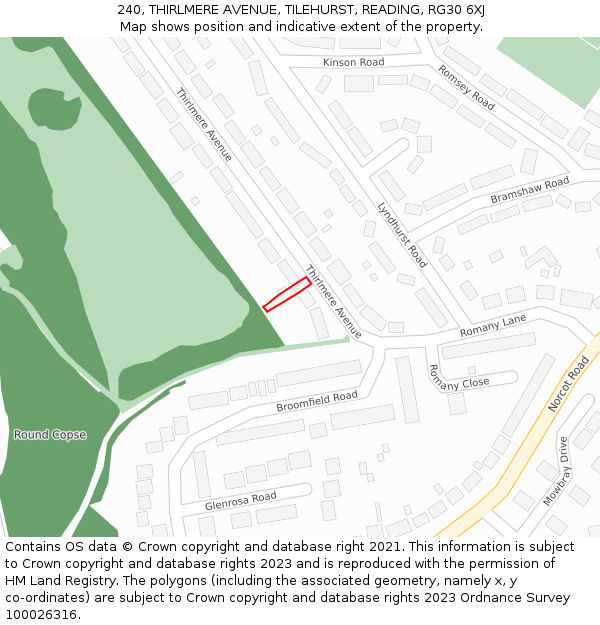 240, THIRLMERE AVENUE, TILEHURST, READING, RG30 6XJ: Location map and indicative extent of plot