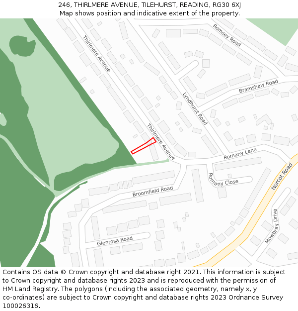 246, THIRLMERE AVENUE, TILEHURST, READING, RG30 6XJ: Location map and indicative extent of plot