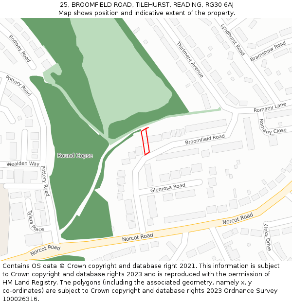 25, BROOMFIELD ROAD, TILEHURST, READING, RG30 6AJ: Location map and indicative extent of plot