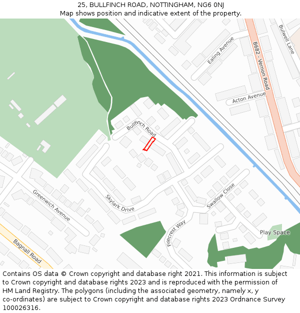 25, BULLFINCH ROAD, NOTTINGHAM, NG6 0NJ: Location map and indicative extent of plot