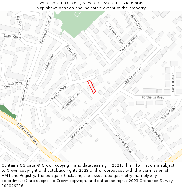 25, CHAUCER CLOSE, NEWPORT PAGNELL, MK16 8DN: Location map and indicative extent of plot
