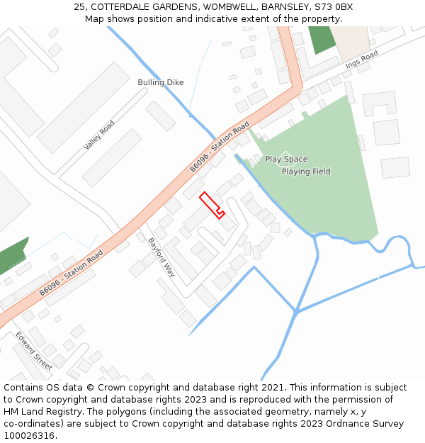 25, COTTERDALE GARDENS, WOMBWELL, BARNSLEY, S73 0BX: Location map and indicative extent of plot