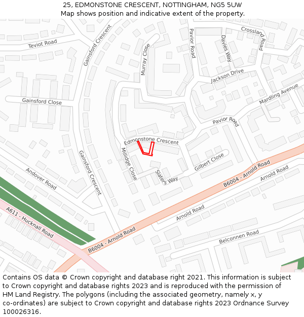 25, EDMONSTONE CRESCENT, NOTTINGHAM, NG5 5UW: Location map and indicative extent of plot